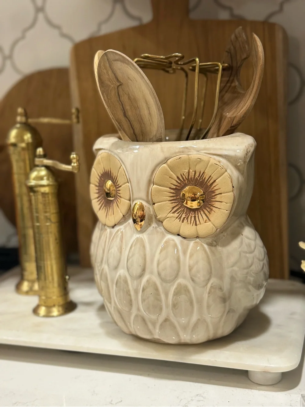 World Market Ceramic Owl Cookie Jar, Light Brown/ Cream with Gold
